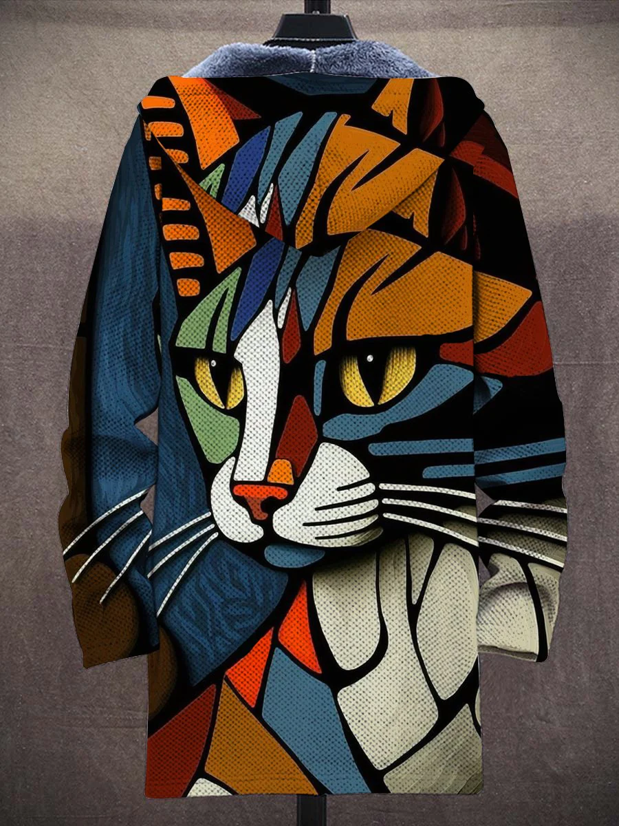 Garfi - Unisex Abstract Art Cat Print Plyšový tlustý svetr s dlouhými rukávy Kabát Cardigan