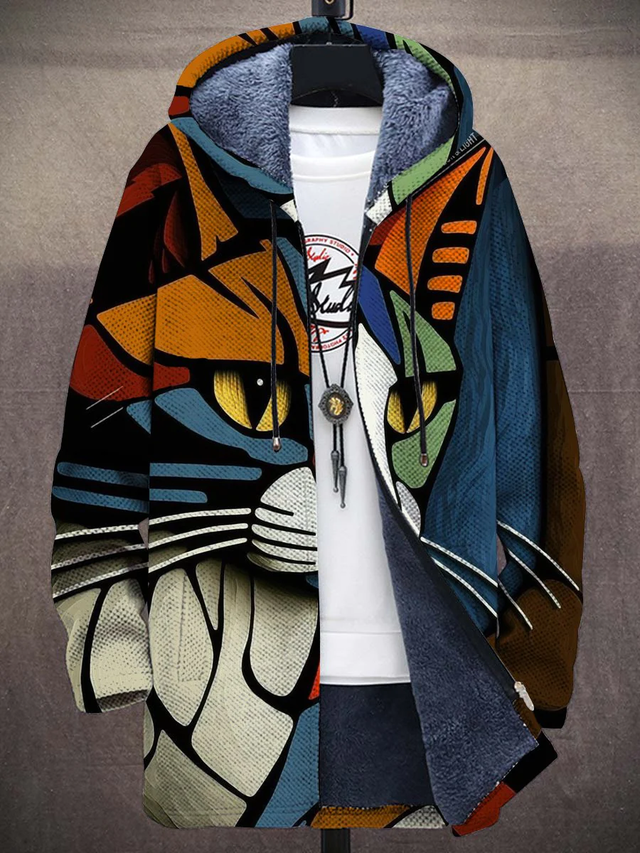 Garfi - Unisex Abstract Art Cat Print Plyšový tlustý svetr s dlouhými rukávy Kabát Cardigan